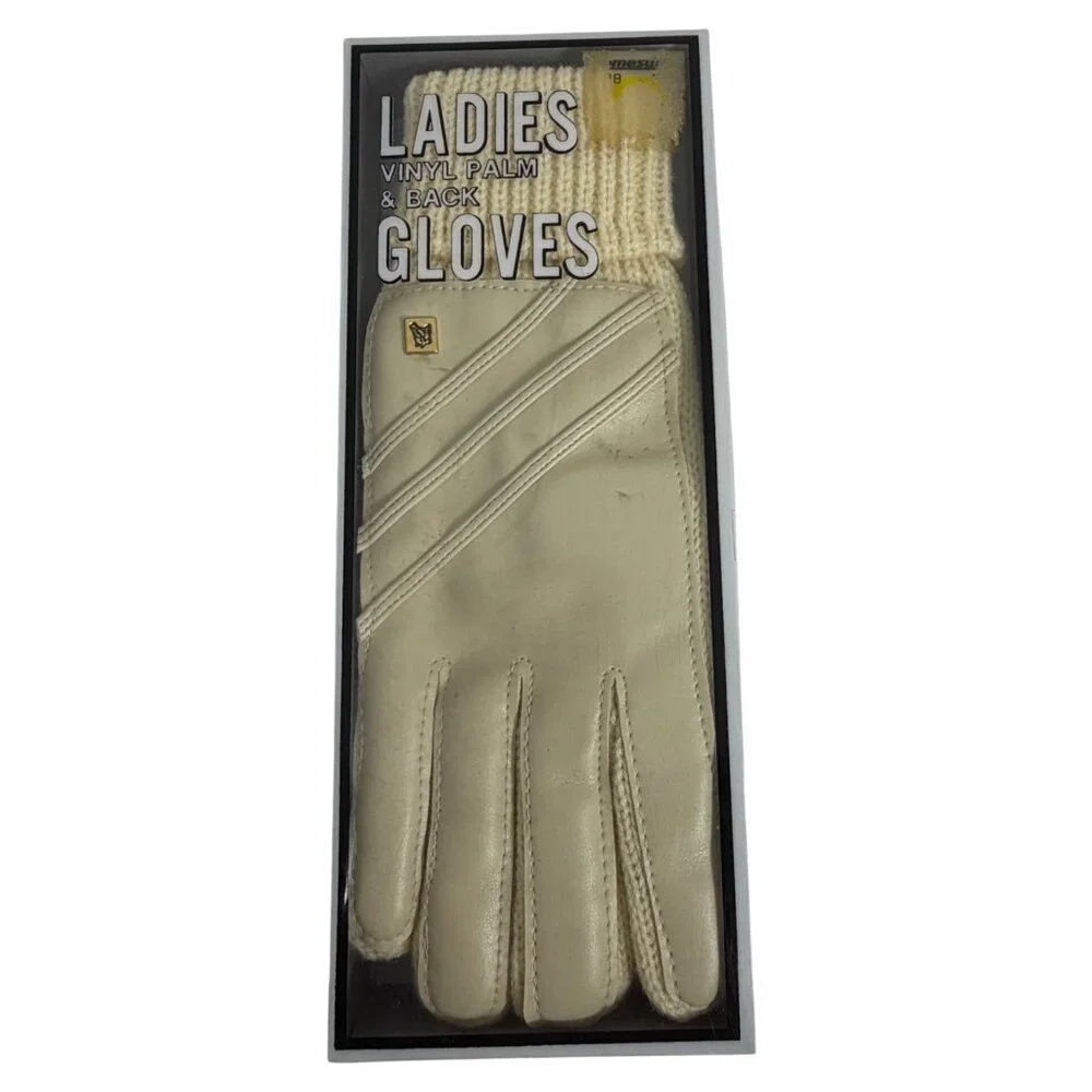 Vintage Ladies Vinyl Palm & Back Gloves With Knit Cuff Cream New In Box